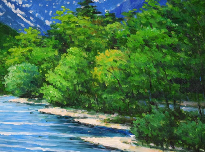 坪井志朗「穂高と清流」油絵・F6号 拡大画像4