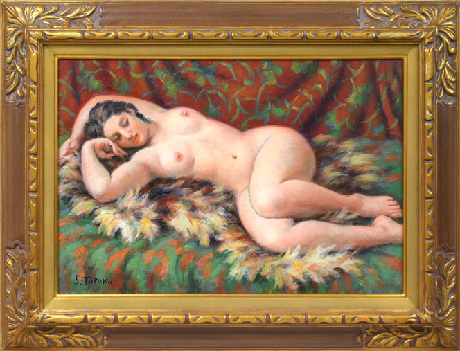 都竹伸政「毛皮と裸婦」油絵・仏P10号