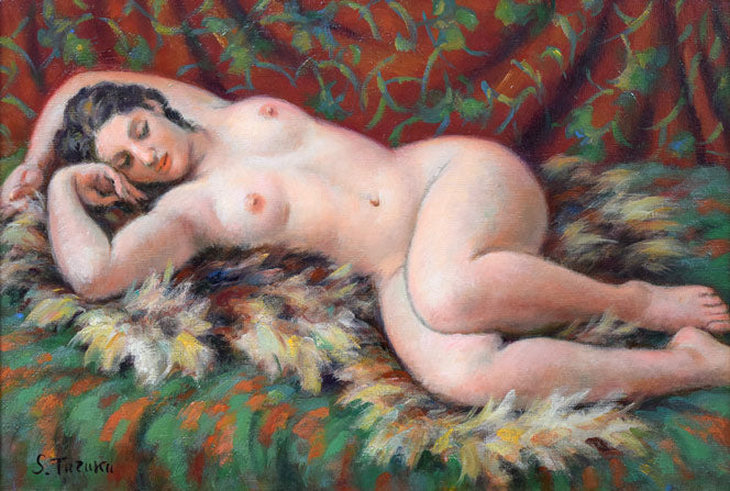 都竹伸政「毛皮と裸婦」油絵・仏P10号 作品全体拡大画像