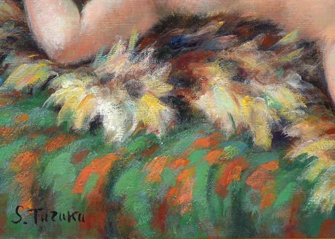 都竹伸政「毛皮と裸婦」油絵・仏P10号 拡大画像4