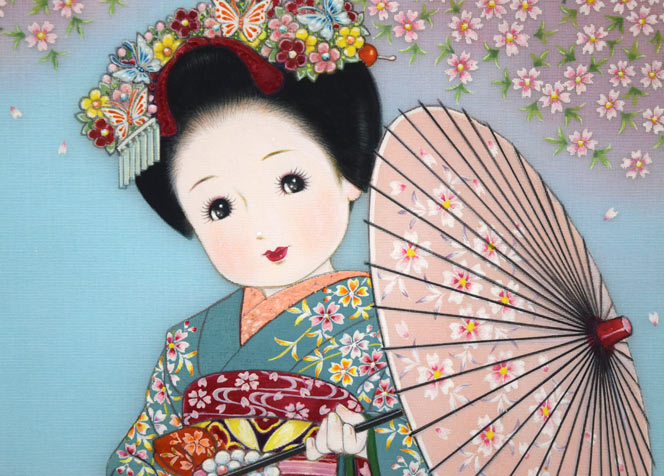 蔦谷喜一「まいこさん・さくらさくら」絹布に彩色・3号 拡大画像1