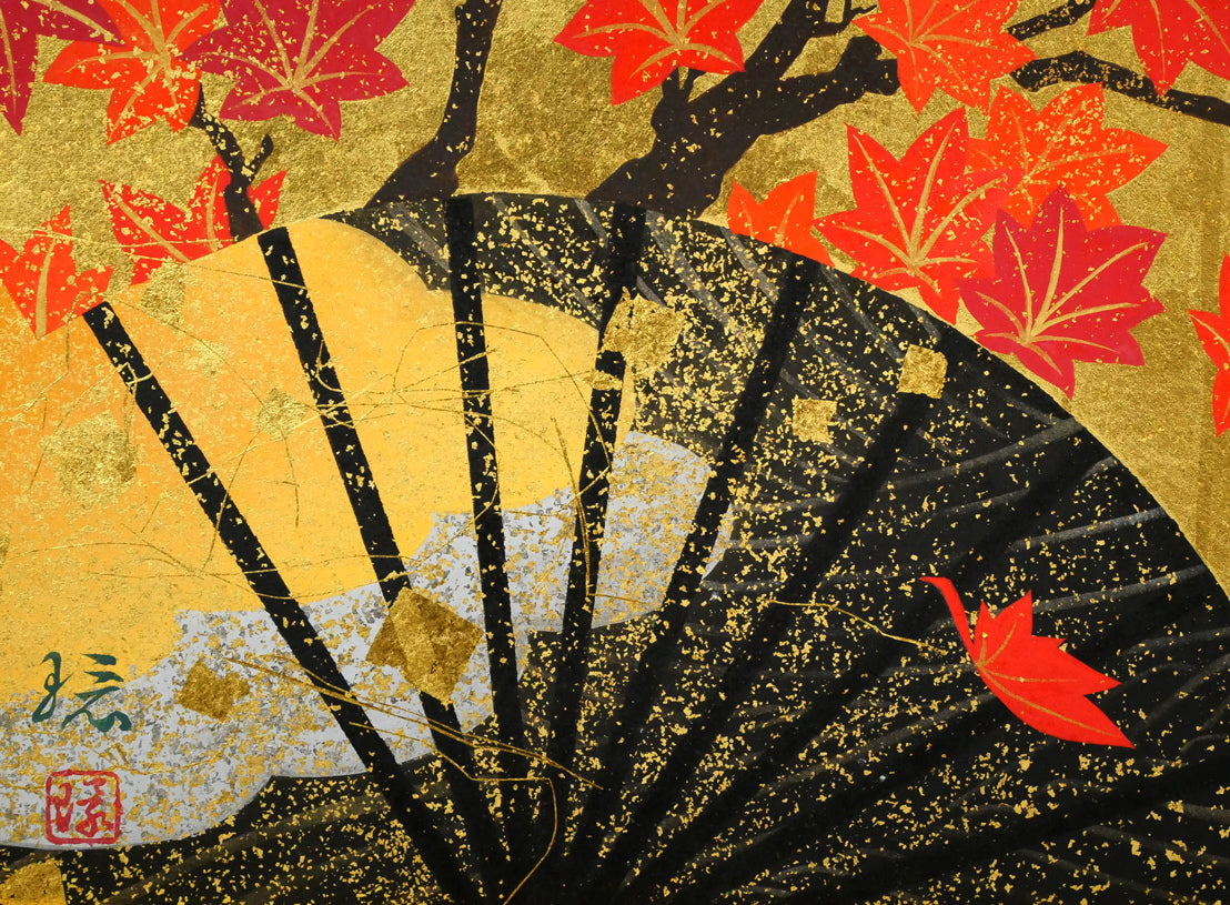 植田環「扇面輝図 紅葉」日本画・F6号 拡大画像3