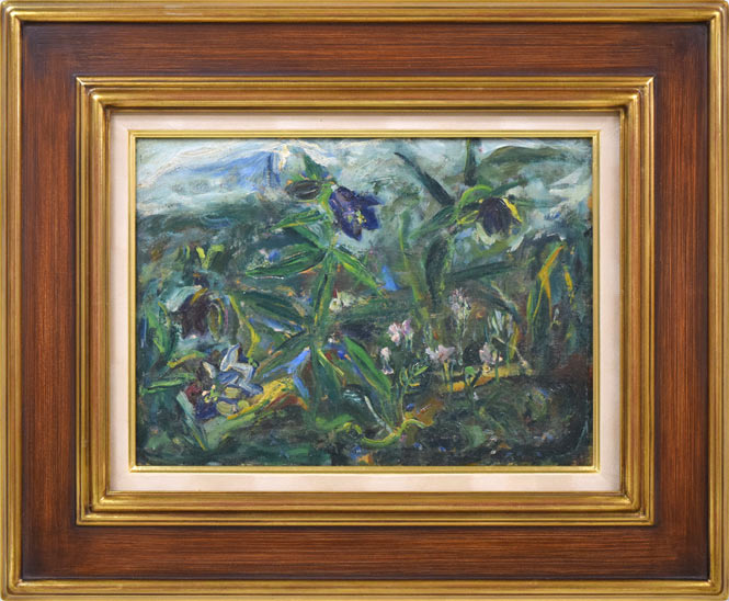 上野山清貢「アリユシヤンへの追憶 霧に咲く花」油絵・F4号