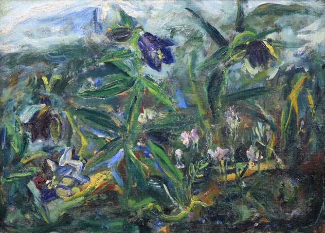 上野山清貢「アリユシヤンへの追憶 霧に咲く花」油絵・F4号 作品全体拡大画像