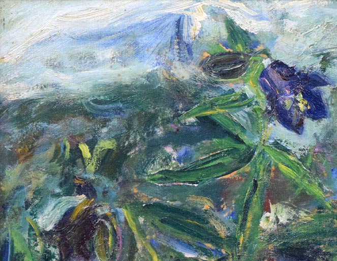 上野山清貢「アリユシヤンへの追憶 霧に咲く花」油絵・F4号 拡大画像1