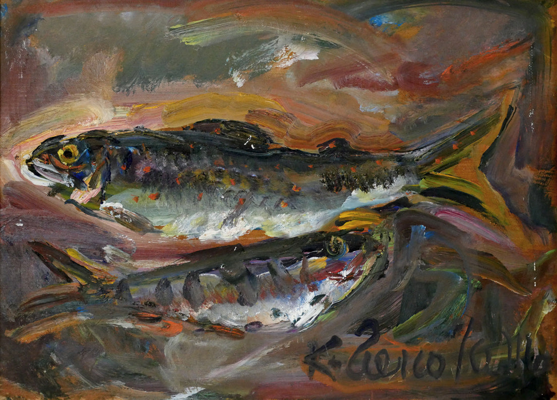 上野山清貢「魚二匹」油絵・F4号 作品全体画像