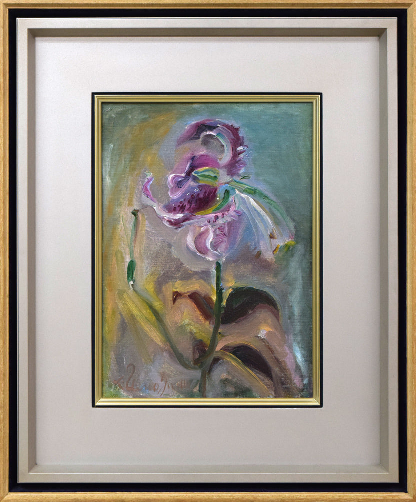 上野山清貢「残花一輪(百合花)」油絵・F5号