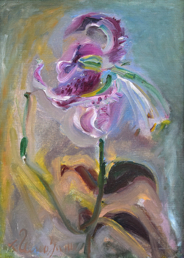 上野山清貢「残花一輪(百合花)」油絵・F5号 作品全体拡大画像