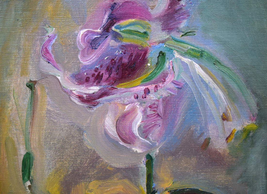 上野山清貢「残花一輪(百合花)」油絵・F5号 拡大画像2