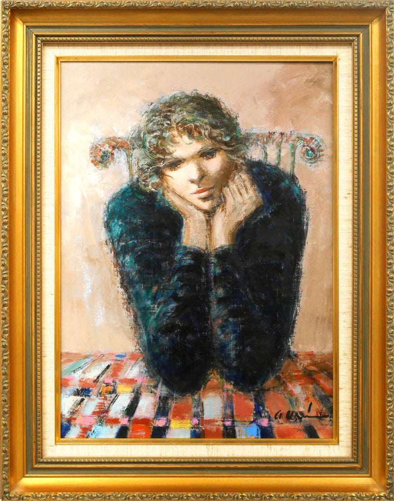 碓井正人「ほおづえをつく女」油絵・P8号