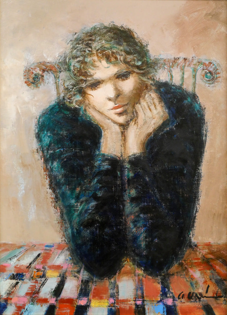 碓井正人「ほおづえをつく女」油絵・P8号 作品全体画像