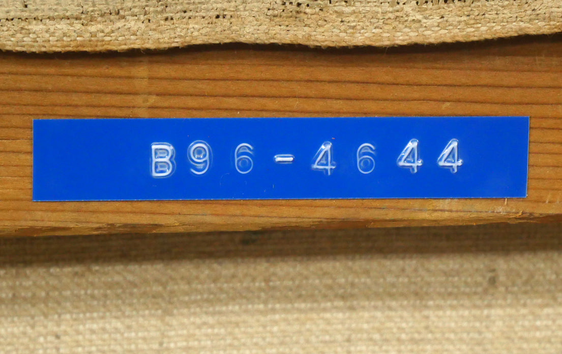 碓井正人「ほおづえをつく女」油絵・P8号 裏側拡大画像1(「一枚の繪」管理番号シール)