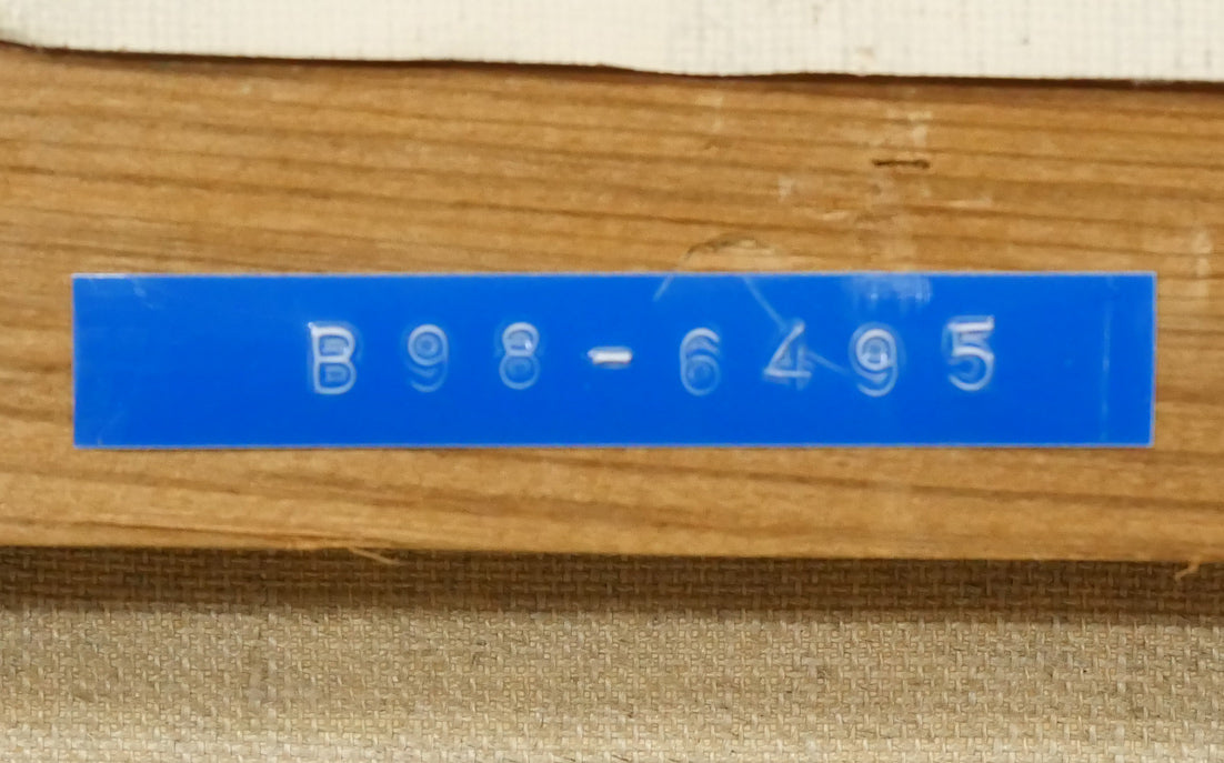 碓井正人「さくらそう」油絵・F3号 裏側拡大画像1(「一枚の繪」管理番号シール)