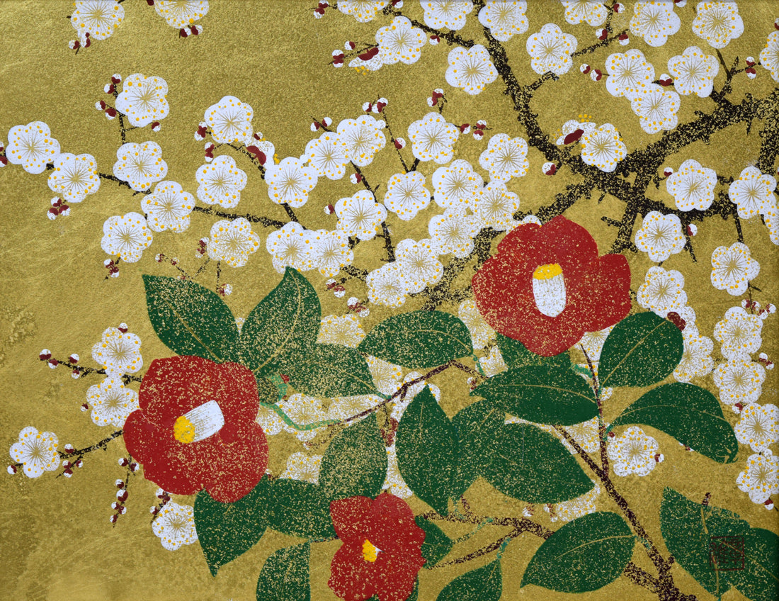 渡辺章雄「梅椿」日本画・F6号 作品全体拡大画像