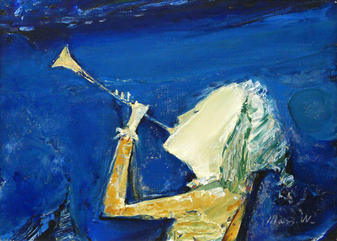 渡辺眞利(渡邊)「笛ふく少年」油絵・F4号 作品全体画像