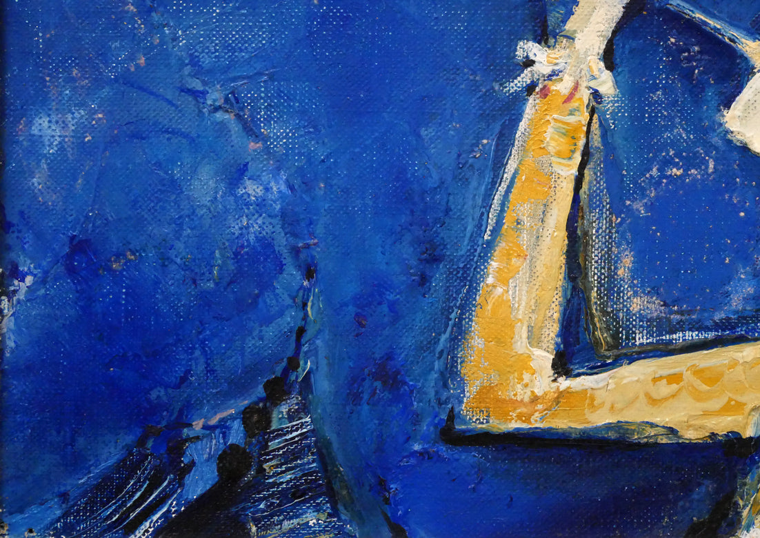 渡辺眞利(渡邊)「笛ふく少年」油絵・F4号 拡大画像3