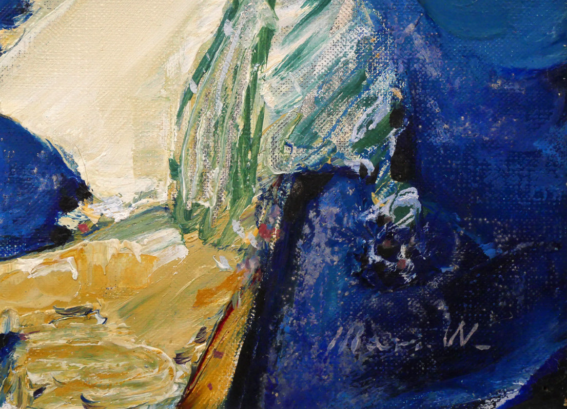 渡辺眞利(渡邊)「笛ふく少年」油絵・F4号 拡大画像4