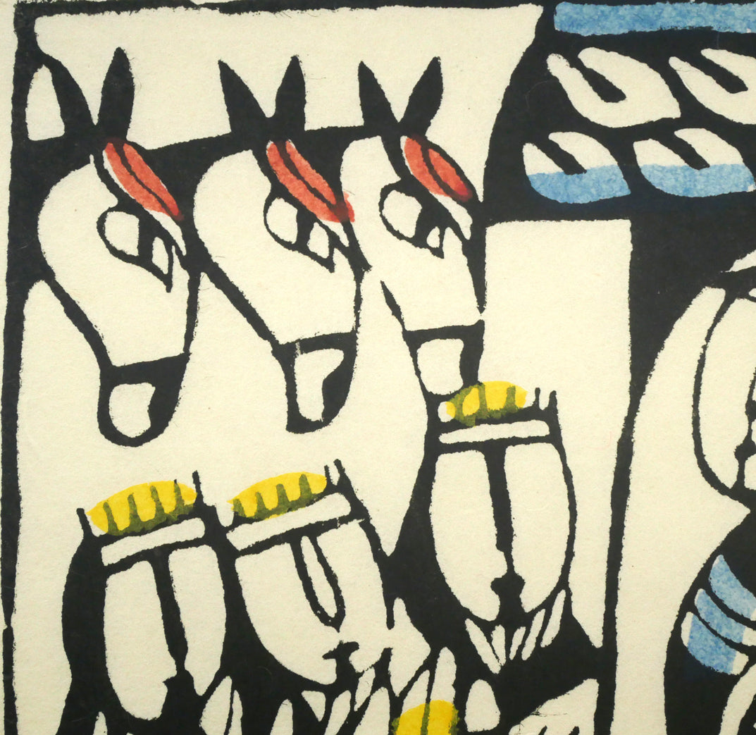 渡辺禎雄「馬小屋での誕生」型染め版画 拡大画像1