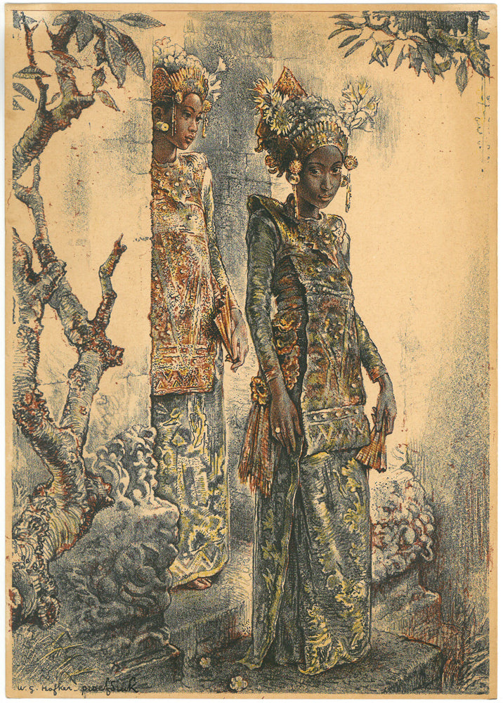 ウィレム ゲラルド ホフカー(Willem Gerard Hofker)「2人のレゴンダンサー(サドリとチャワン)」リトグラフ 作品シート全体画像