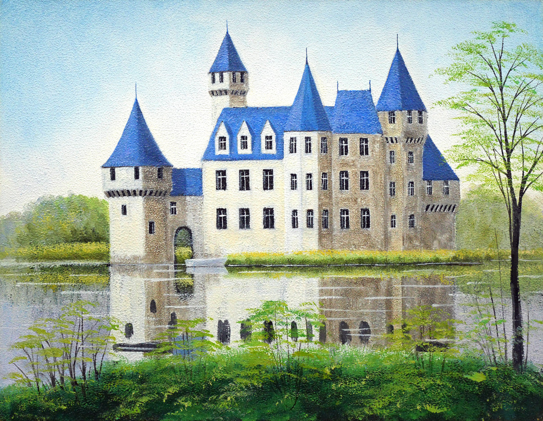 矢部保「湖城の朝」油絵・F6号 作品全体画像