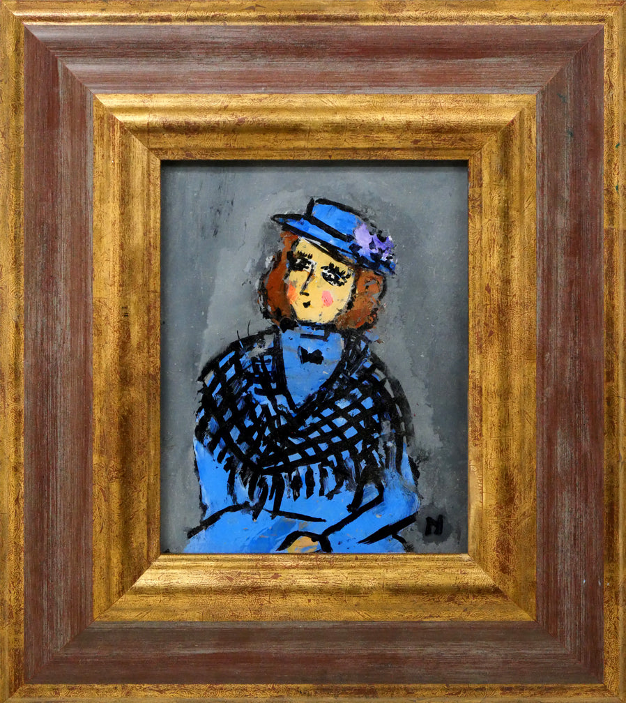 八木伸子「青い服の人形」ガラス絵・F0号