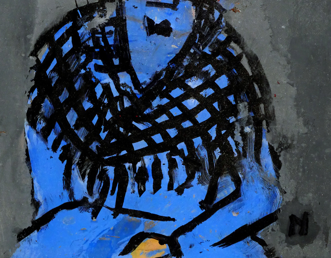 八木伸子「青い服の人形」ガラス絵・F0号 拡大画像2