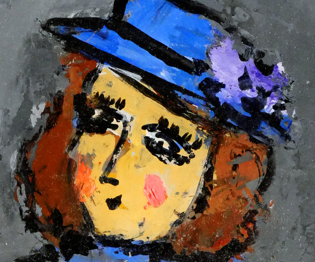 八木伸子「青い服の人形」ガラス絵・F0号 拡大画像3