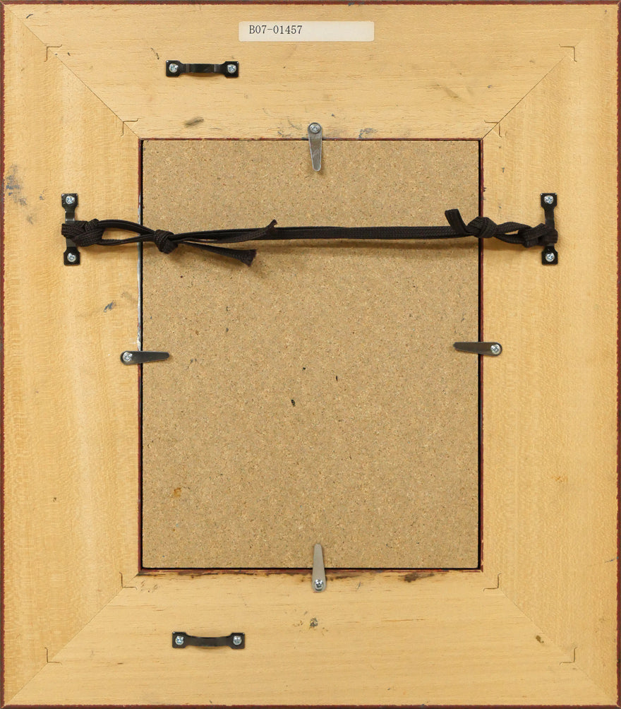 八木伸子「青い服の人形」ガラス絵・F0号 額縁裏側画像