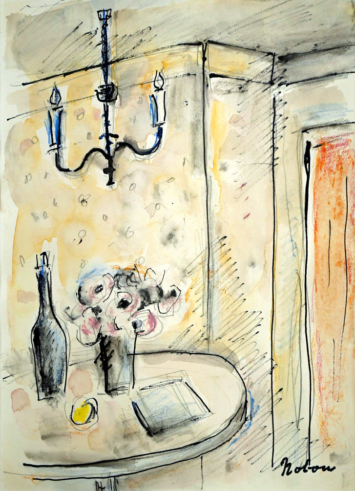 八木伸子「花のある室内」水彩画・4号 作品全体画像