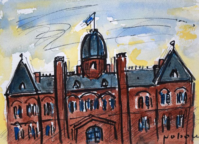 八木伸子「赤レンガの建物(北海道庁)」水彩画 作品全体拡大画像