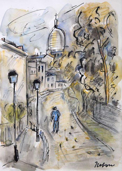 八木伸子「サクレクールの見える道(パリ)」水彩画 作品全体拡大画像