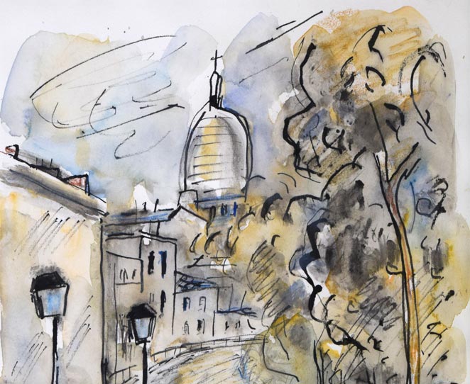 八木伸子「サクレクールの見える道(パリ)」水彩画 拡大画像1