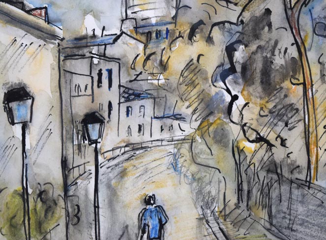 八木伸子「サクレクールの見える道(パリ)」水彩画 拡大画像2