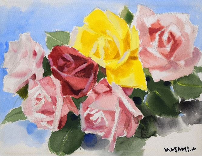 山岸正巳「薔薇」水彩画・3号 作品全体拡大画像