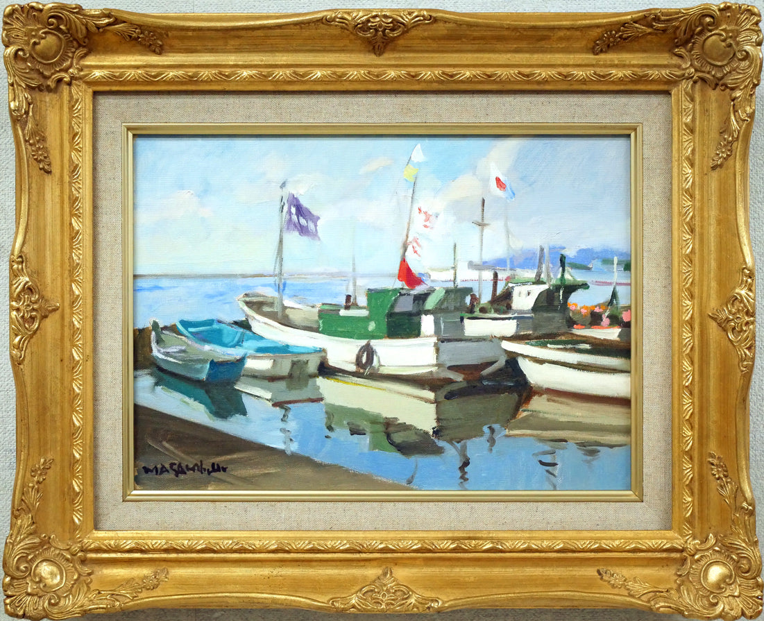 山岸正巳「岩内漁港」油絵・F4号