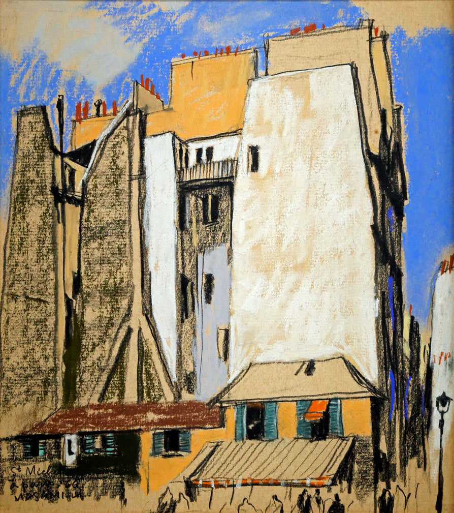 山岸正巳「サン・ミシエル広場の家(於巴里)」パステル画・色紙 作品全体画像