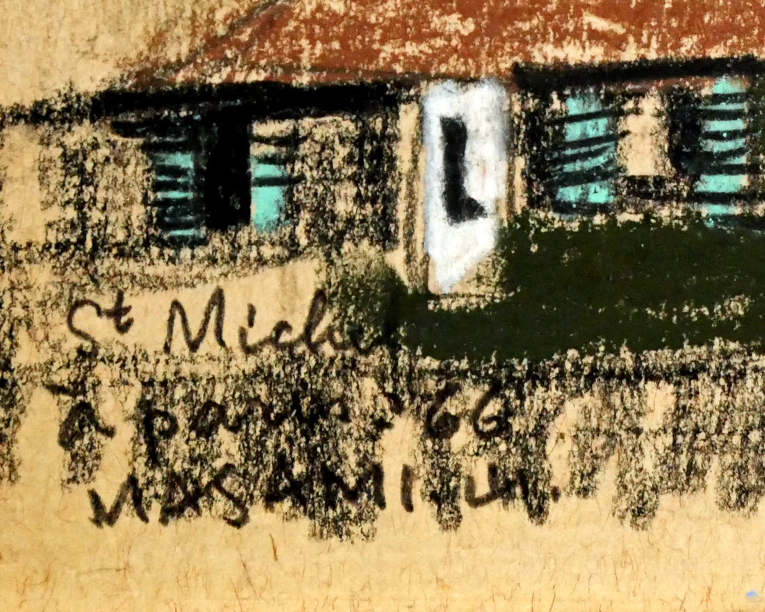 山岸正巳「サン・ミシエル広場の家(於巴里)」パステル画・色紙 タイトル・年記(1966年作)・サイン拡大画像