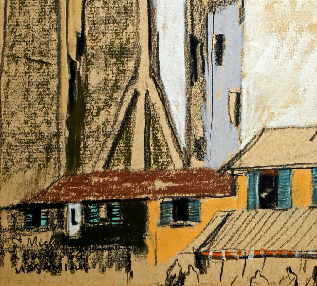 山岸正巳「サン・ミシエル広場の家(於巴里)」パステル画・色紙 拡大画像3