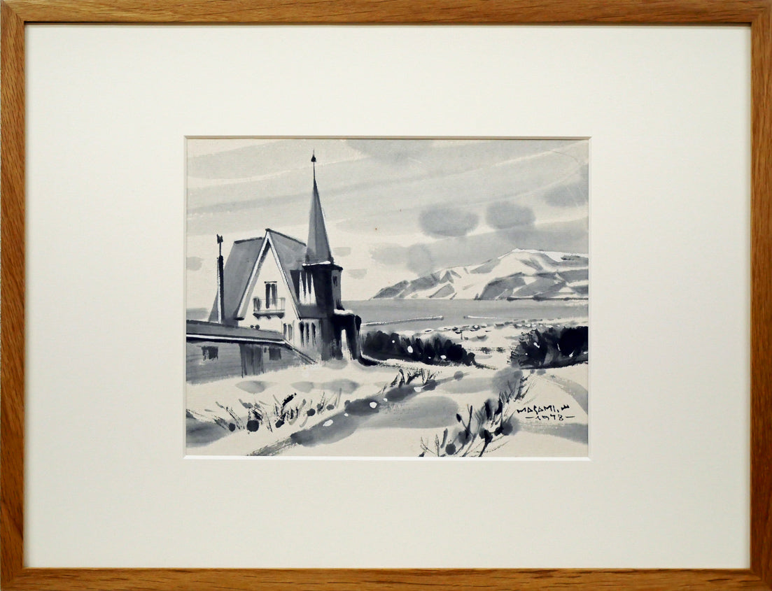 山岸正巳「老古美(おいこみ)より積丹半島遠望」水墨画