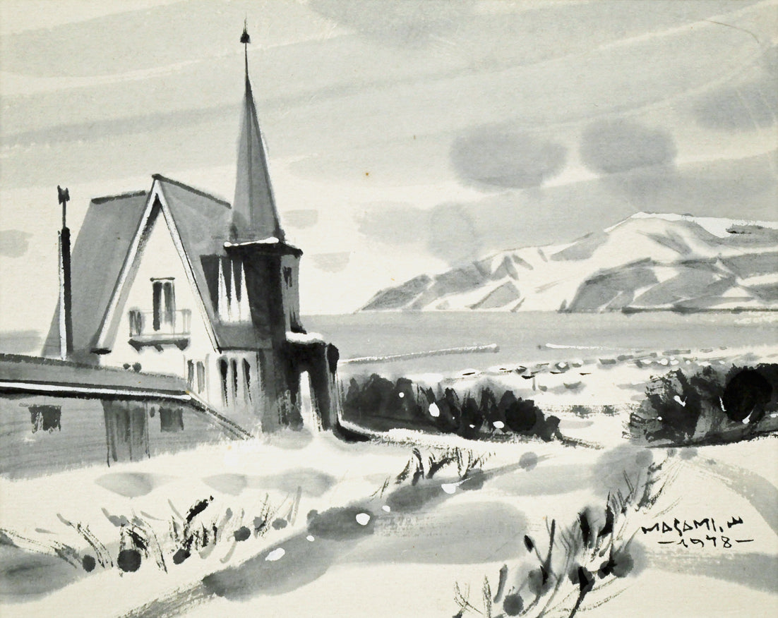 山岸正巳「老古美(おいこみ)より積丹半島遠望」水墨画 作品全体画像