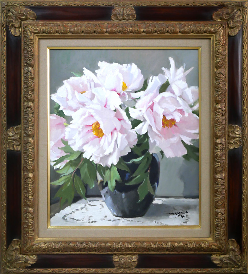 山岸正巳「卓上牡丹」油絵・F8号