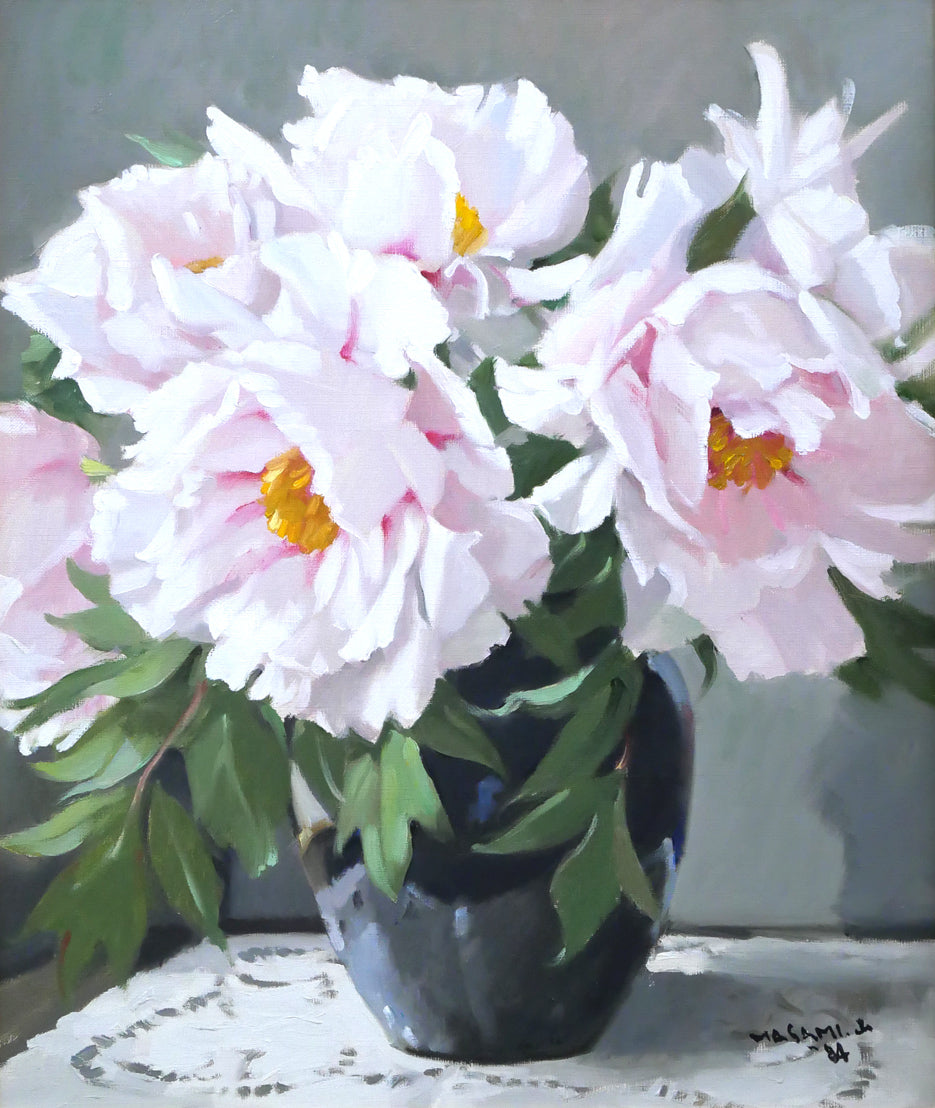 山岸正巳「卓上牡丹」油絵・F8号 作品全体拡大画像