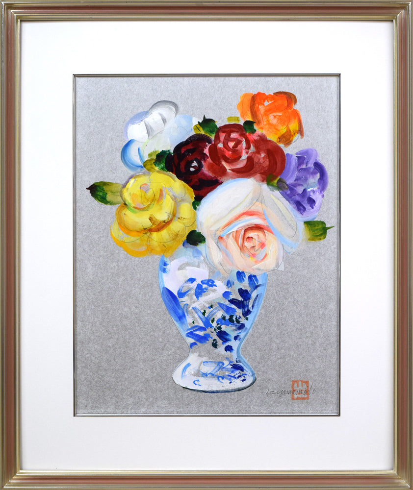 山本仁吉「バラ」油絵・色紙6号