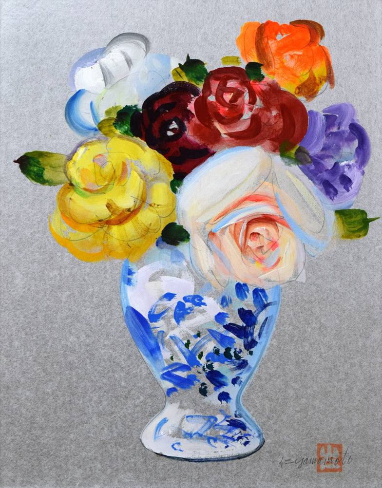 山本仁吉「バラ」油絵・色紙6号 作品全体拡大画像