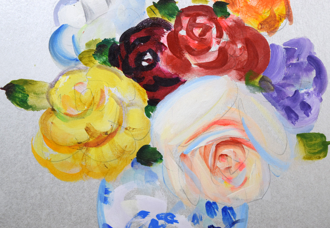 山本仁吉「バラ」油絵・色紙6号 拡大画像2