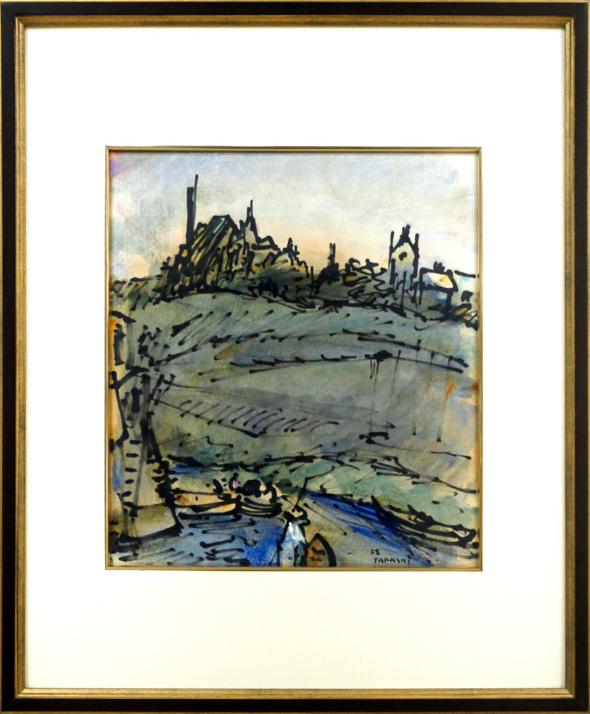 山下充「風景」水彩画・色紙