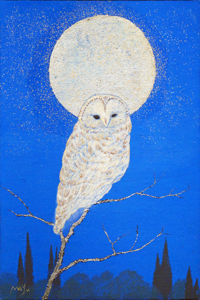 山下まゆみ「森の賢者(フクロウ)」日本画・P6号 作品全体画像