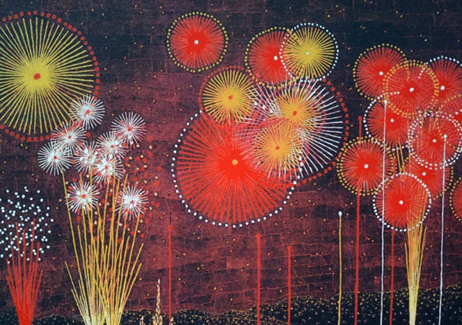 山下清「富田林の花火」リトグラフ 拡大画像1