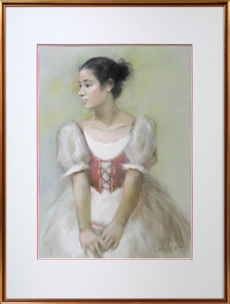 矢野喜久男「赤いベスト」パステル画・10号