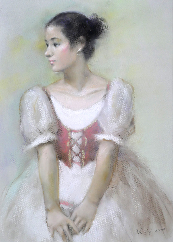 矢野喜久男「赤いベスト」パステル画・10号 作品全体拡大画像